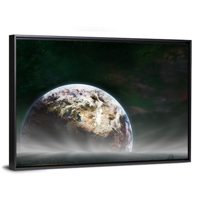 Earth Rising Over Ocean Wall Art as a framed canvas