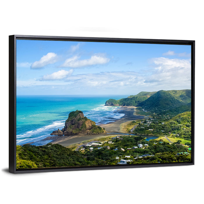 Lion Rock at Piha Beach Wall Art as a framed canvas
