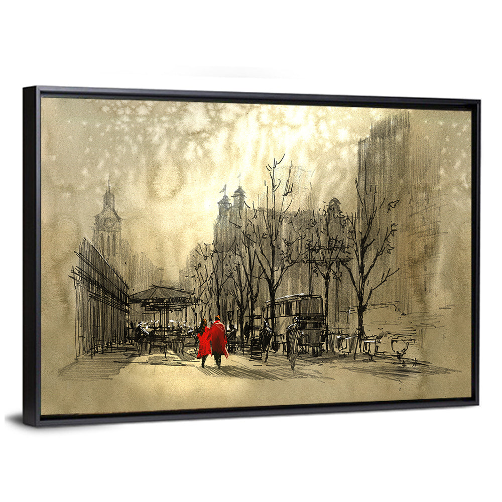 Couple in Red Coats on City Street Wall Art