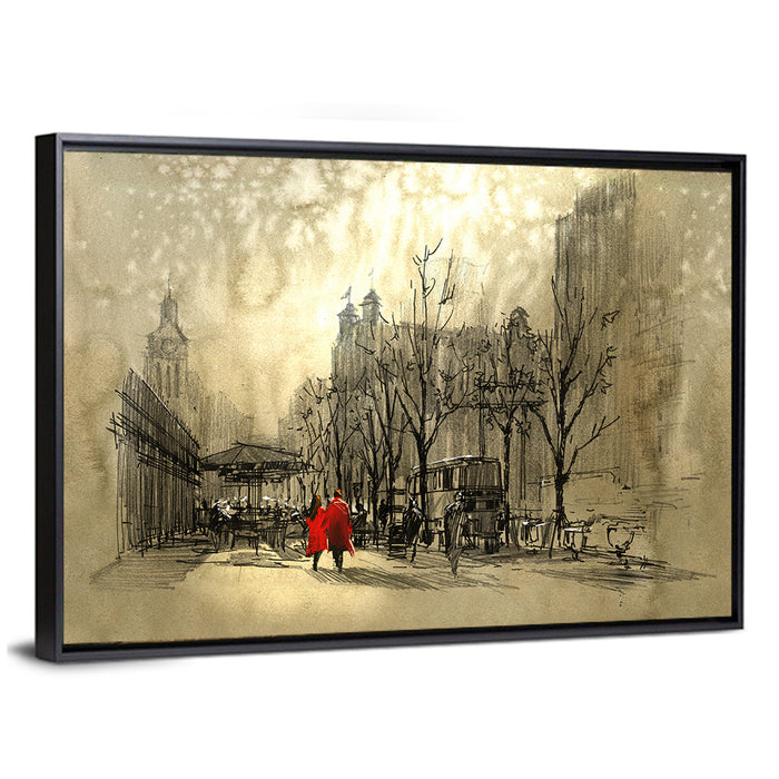 Couple in Red Coats on City Street Wall Art as a framed canvas