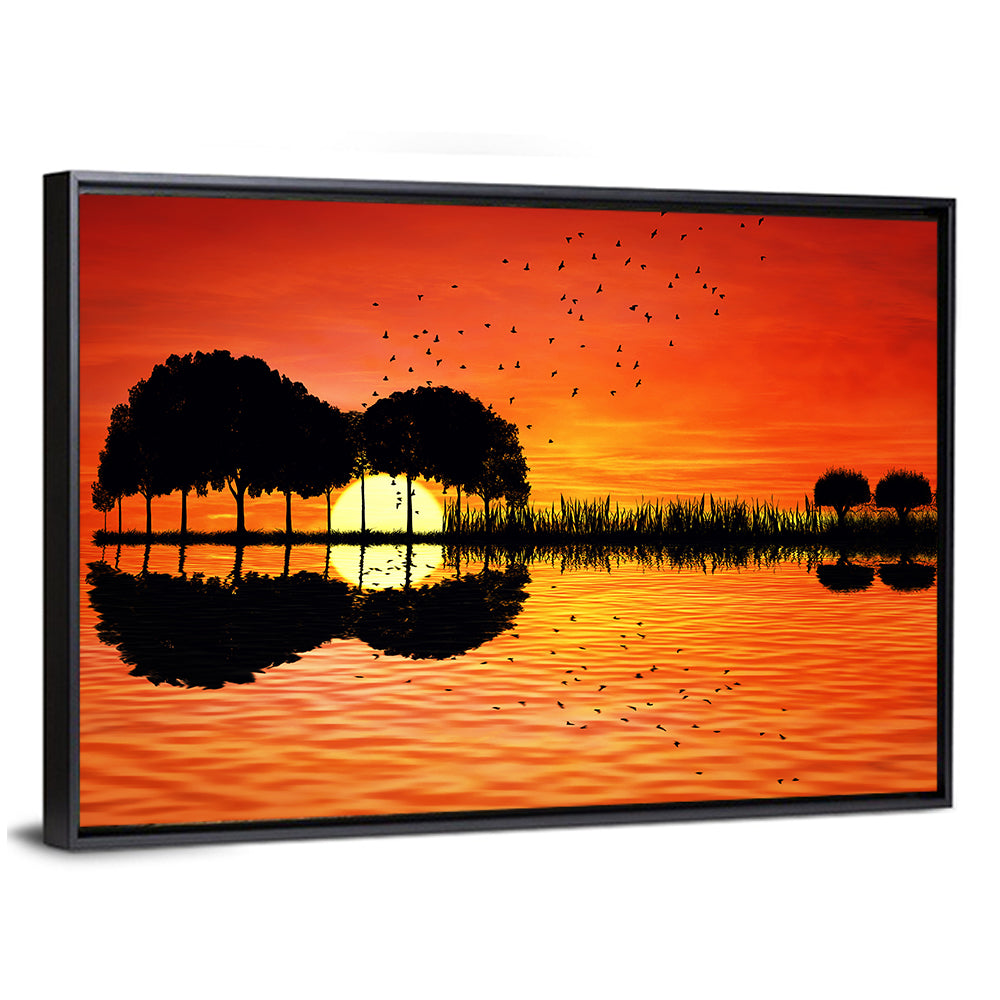 Trees Sunset On Lake Bank Wall Art