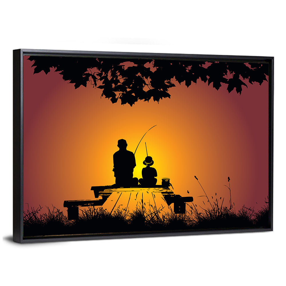 Dockside Sunset Fishing Silhouette Wall Art