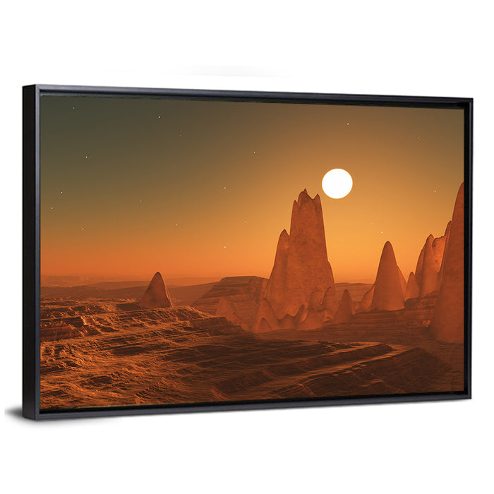 3d Surreal Alien Sunset Wall Art as a framed canvas