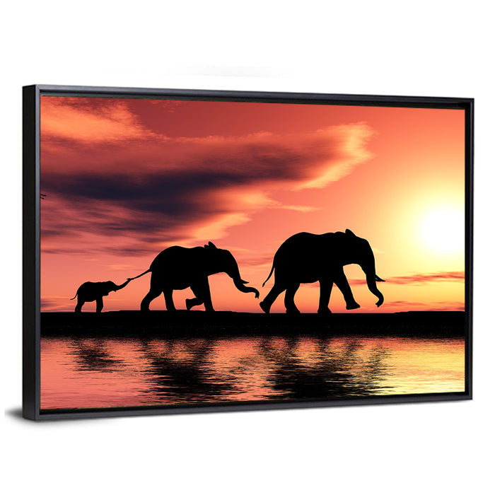 Marching Elephants at Sunset Wall Art as a framed canvas