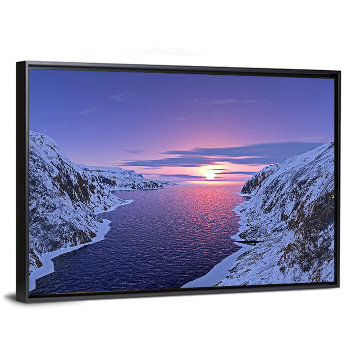 Snow-capped Mountain Fjord Sunset Wall Art as a framed canvas