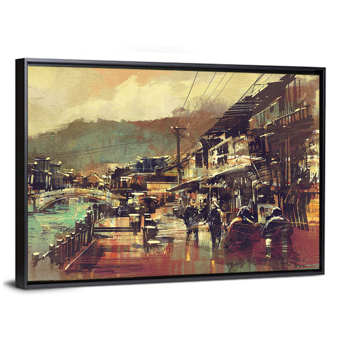 Old Riverside Village at Dusk Wall Art as a framed canvas