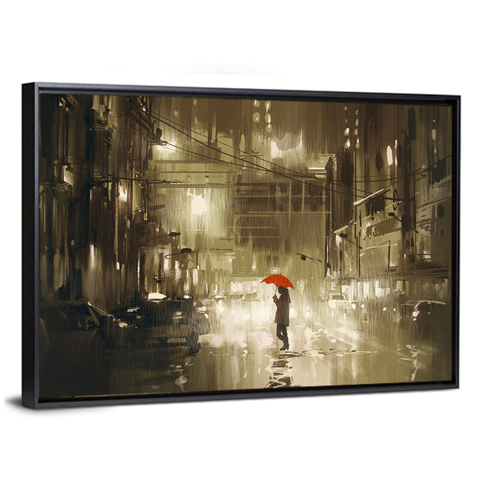 Red Umbrella on Rainy City Street Wall Art as a framed canvas
