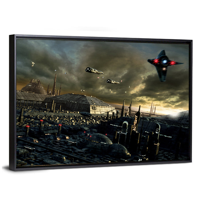 Futuristic City Skyline Wall Art as a framed canvas