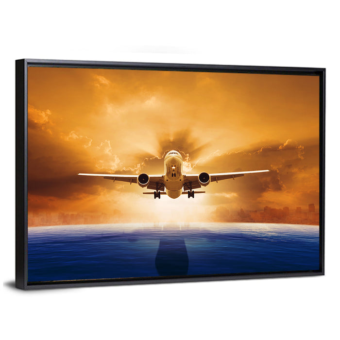 Landing Jet Over Ocean at Sunset Wall Art as a framed canvas