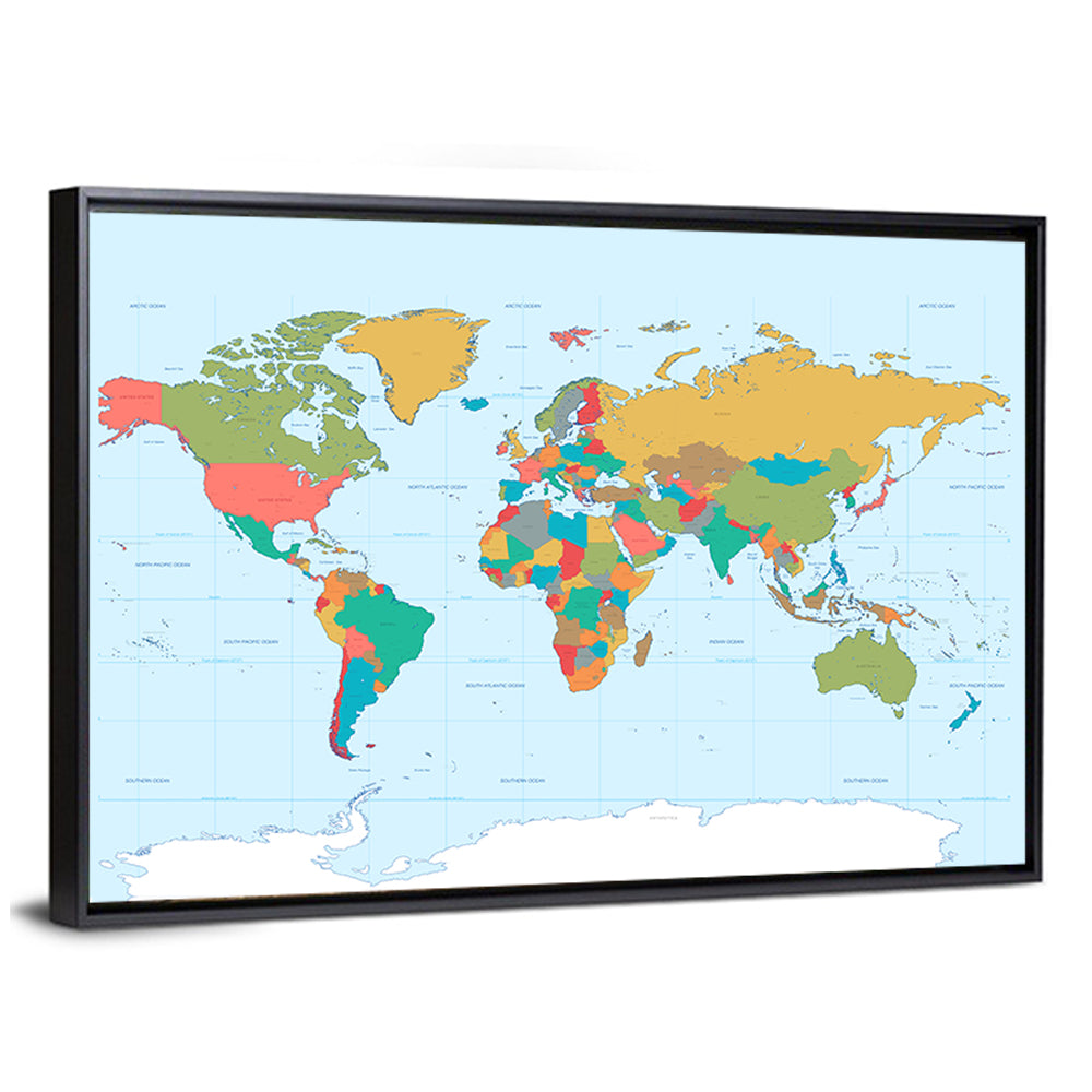 Colorful World Map with Grid Wall Art