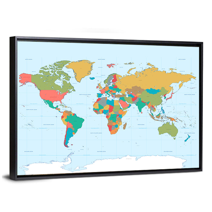 Colorful World Map with Grid Wall Art as a framed canvas