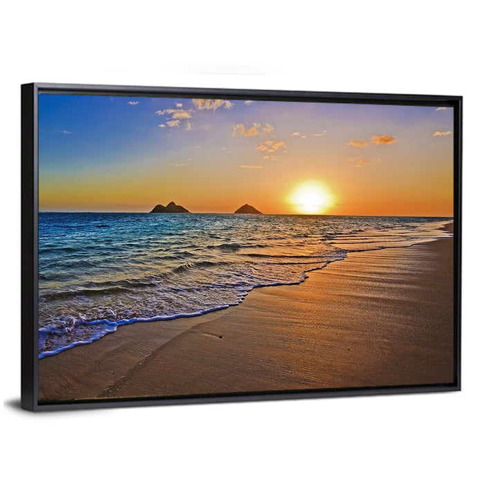 Lanikai Sunrise Over Mokulua Islands Wall Art as a framed canvas