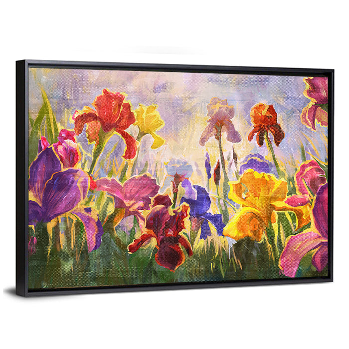Iris Garden Illustration Wall Art as a framed canvas
