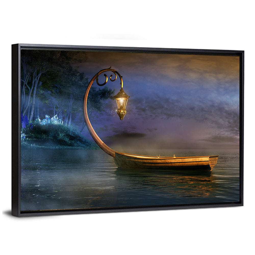 Lantern Boat on a Misty Lake Wall Art