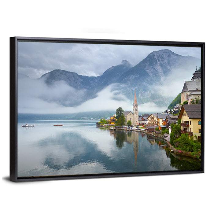 Hallstatt Lakeside Village Reflection Wall Art as a framed canvas