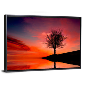 Leafless Tree Near Lake Sunset Wall Art