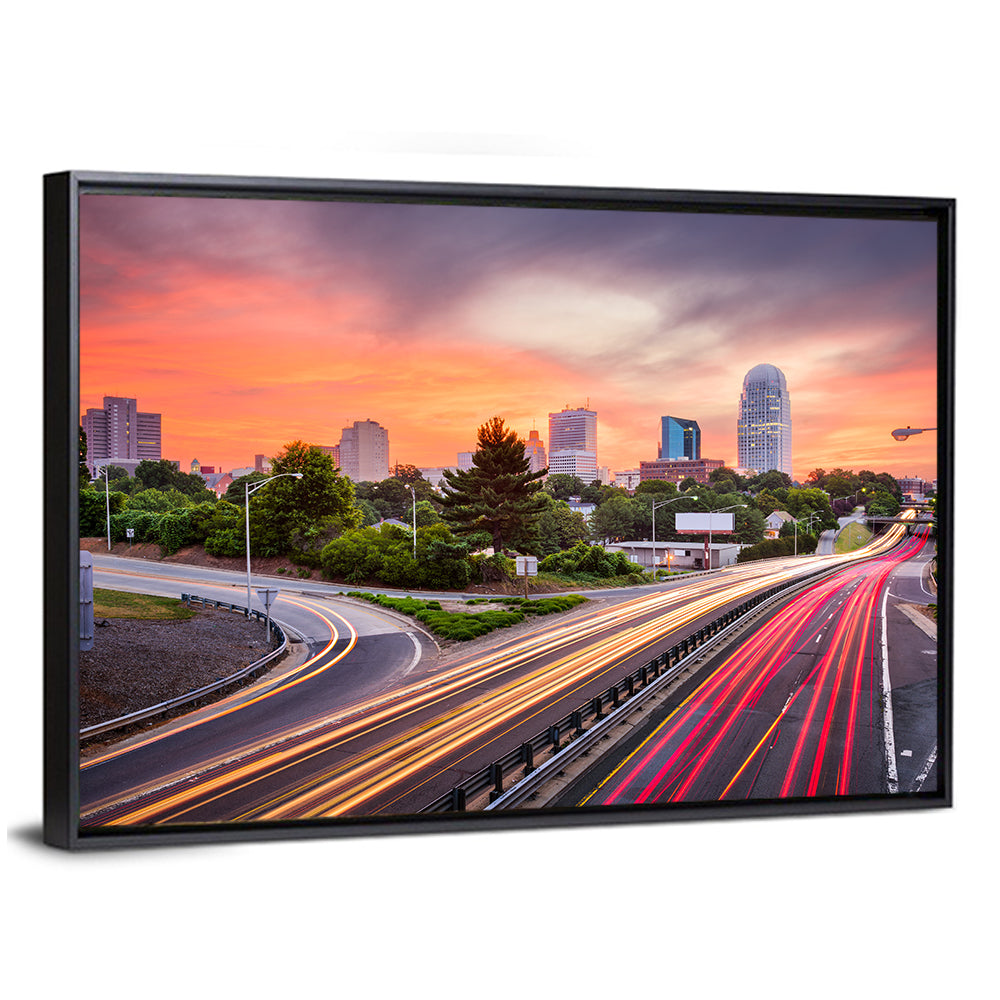 Winston-salem Dusk Skyline with Light Trails Wall Art
