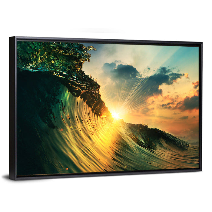Sunset Through a Curling Wave Wall Art as a framed canvas