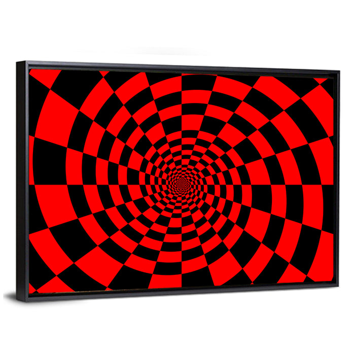 Red and Black Spiral Checkerboard Wall Art as a framed canvas