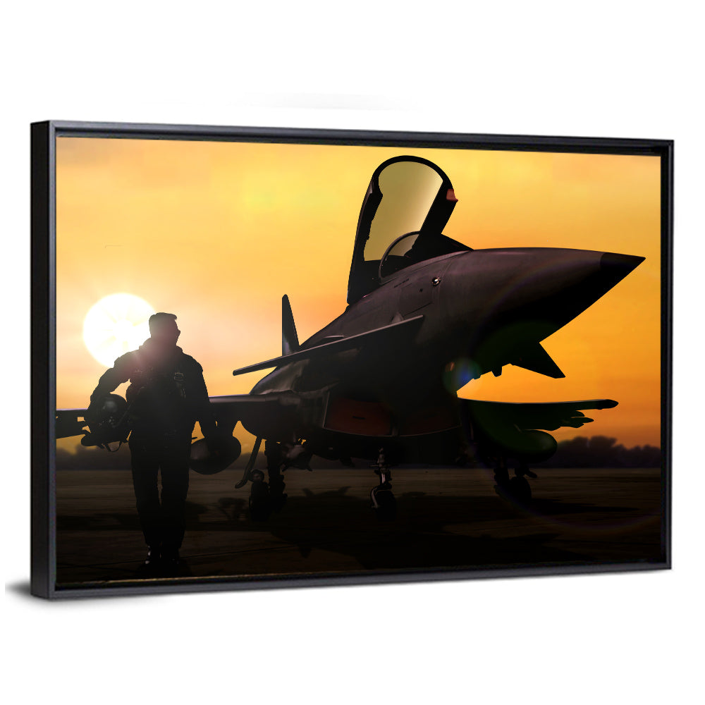 Pilot and Fighter Jet at Sunset Wall Art