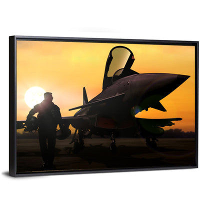 Pilot and Fighter Jet at Sunset Wall Art