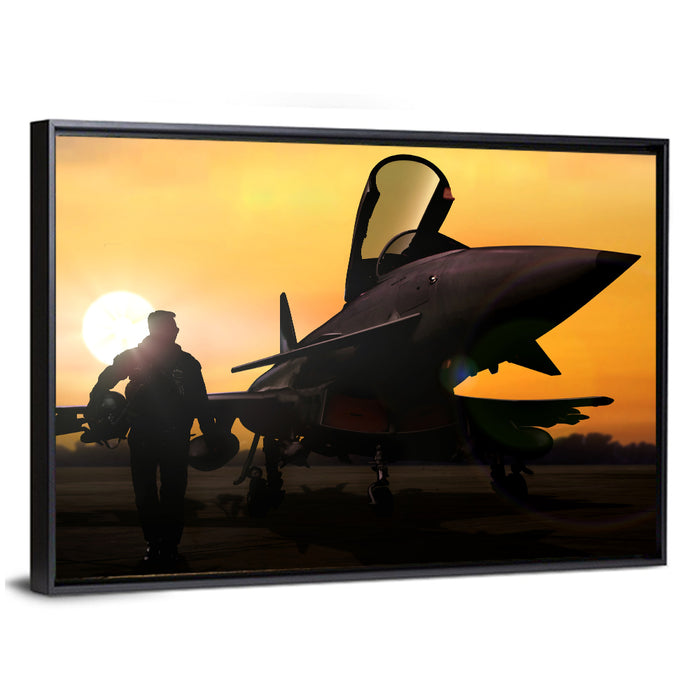 Pilot and Fighter Jet at Sunset Wall Art as a framed canvas