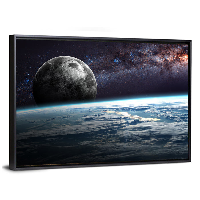 Rising Moon Above Earth Horizon Wall Art as a framed canvas