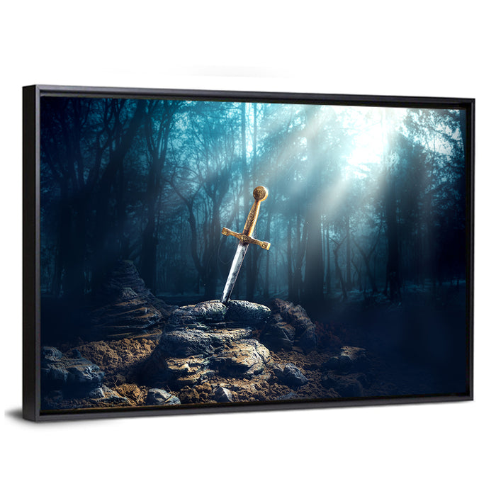 Enchanted Sword in the Stone Wall Art as a framed canvas