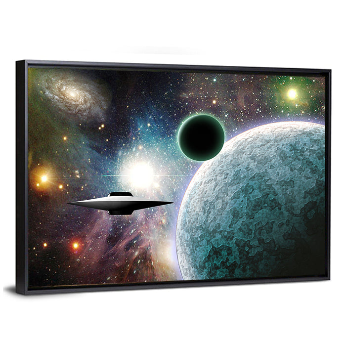 Saucer Near Cratered Planet Wall Art as a framed canvas