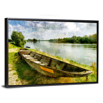 Weathered Wooden Boat on Riverbank Wall Art