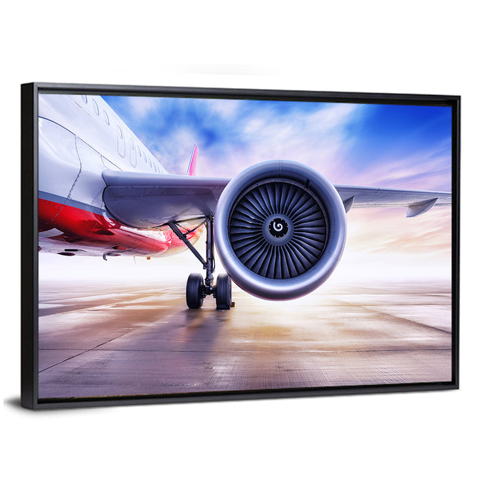 Low Angle Jet Engine on Tarmac Wall Art as a framed canvas