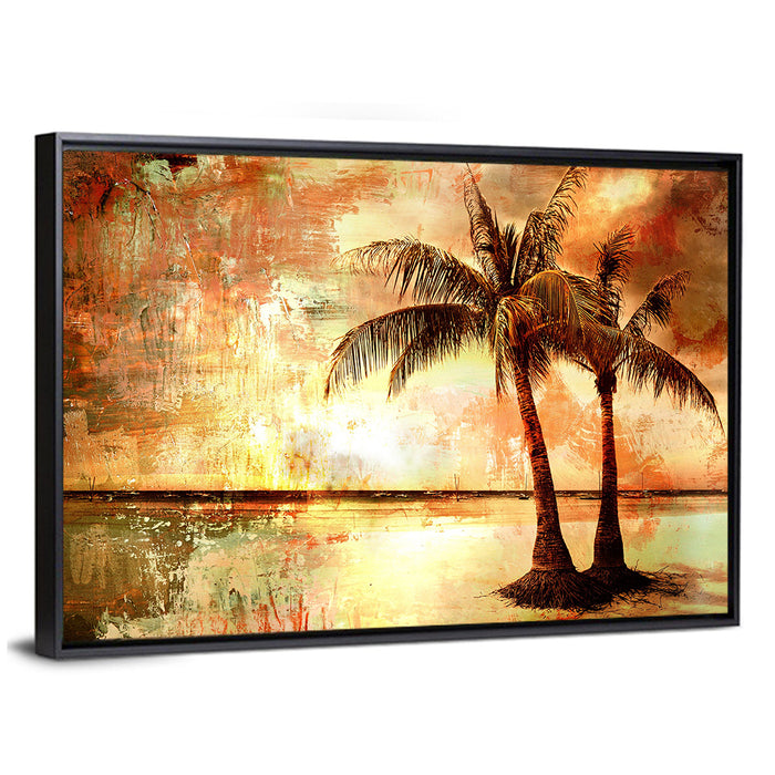 Tropical Beach Sunset Wall Art as a framed canvas