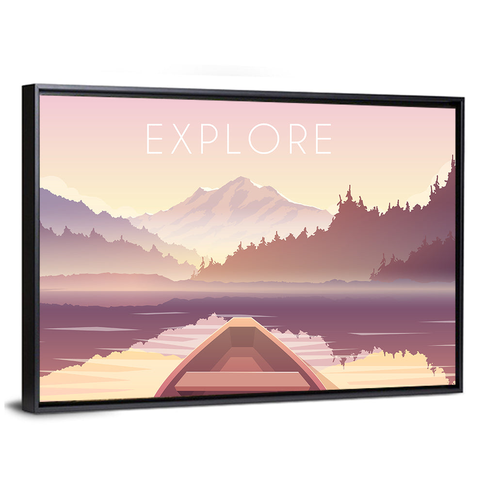Explore Mountain Lake Sailing Illustration Wall Art