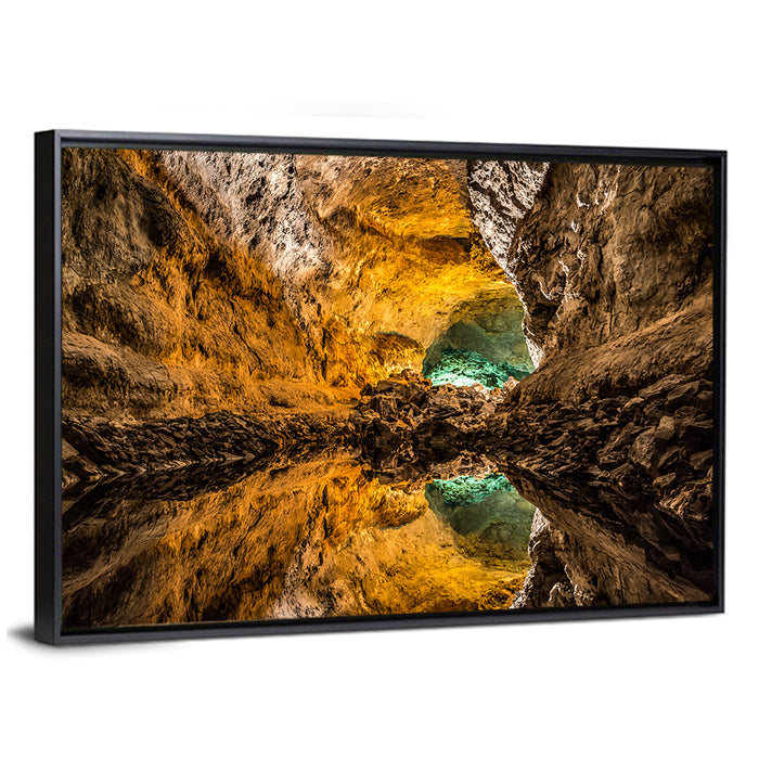 Glowing Green Cave Reflection Wall Art as a framed canvas