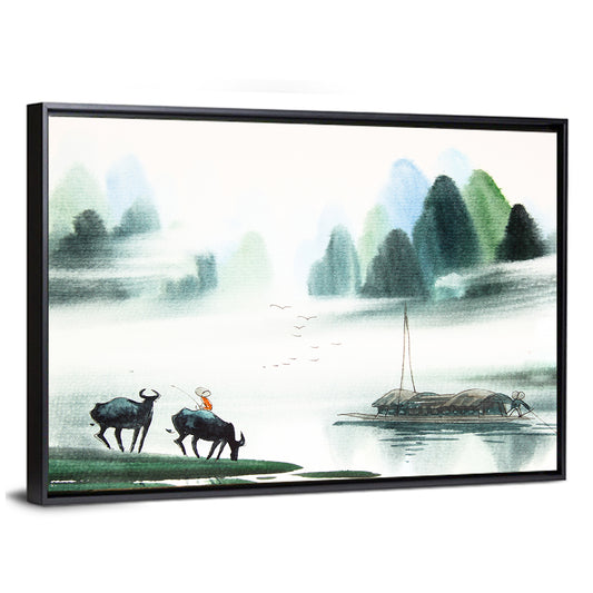 Water Buffalo in Misty Watercolor Wall Art