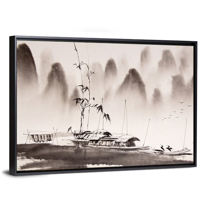 Misty Ink Wash Fishing Boats Wall Art as a framed canvas