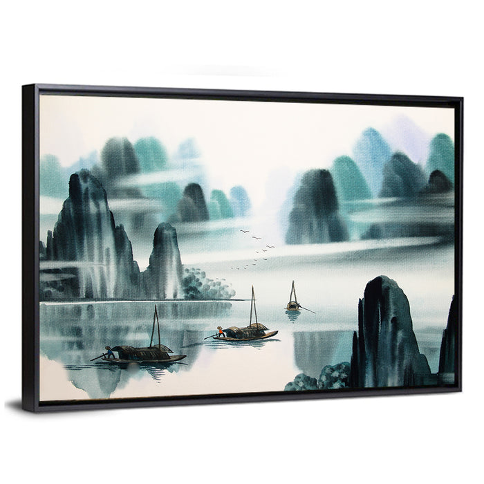 Misty Mountain Lake with Boats Wall Art as a framed canvas
