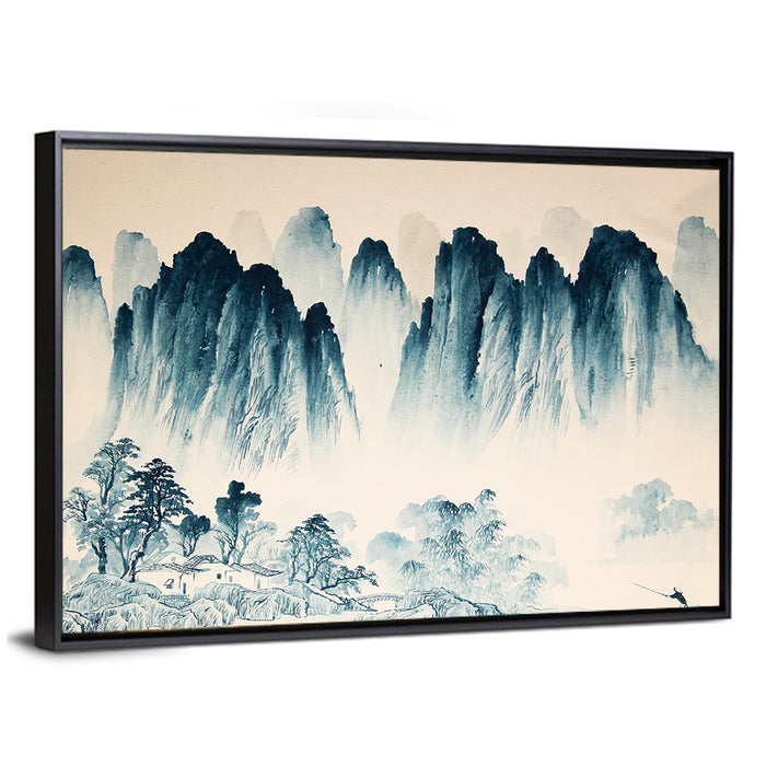 Misty Mountain with Fisherman Wall Art as a framed canvas
