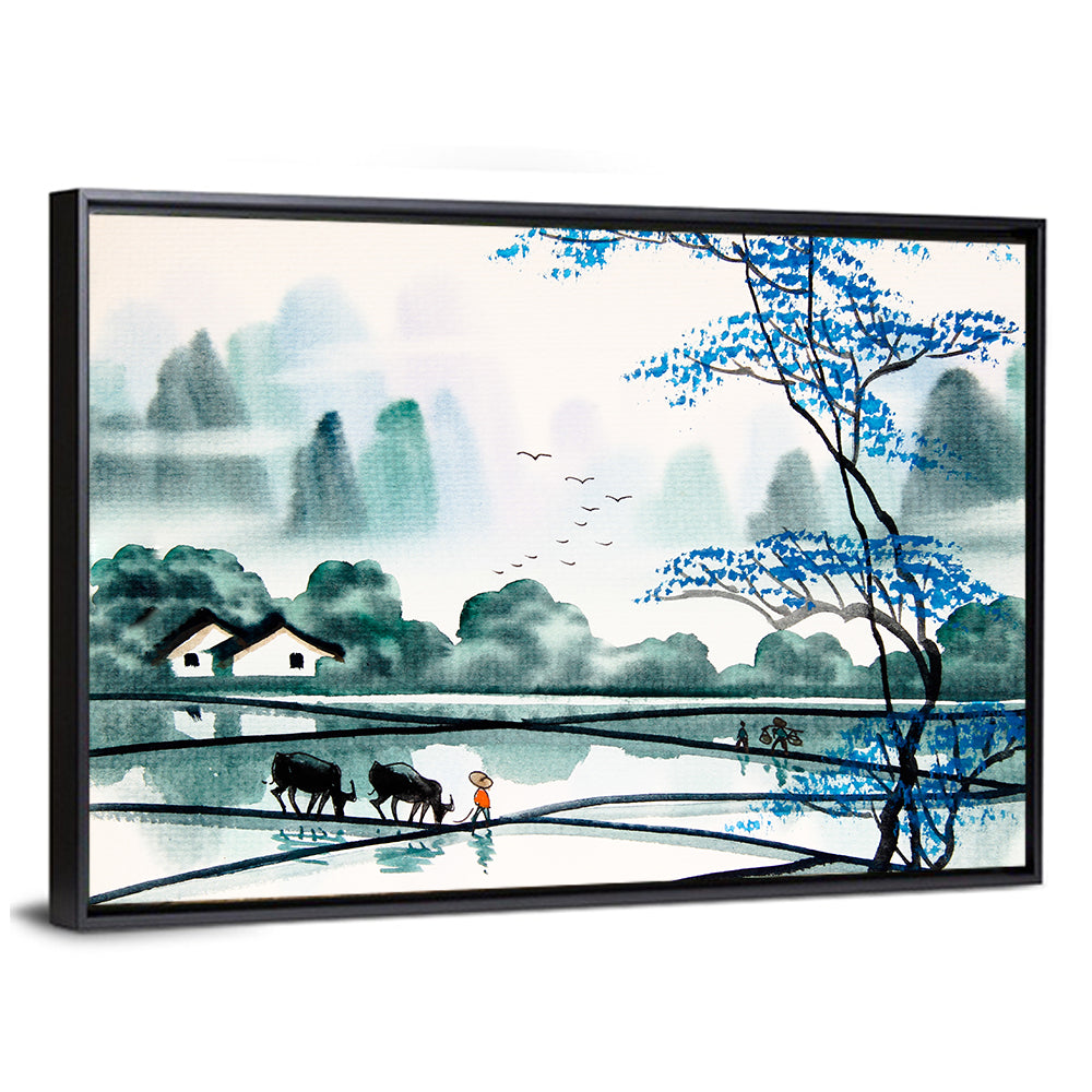 Blue Tree Over Rice Paddies Wall Art