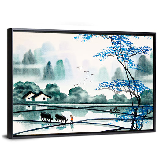 Blue Tree Over Rice Paddies Wall Art