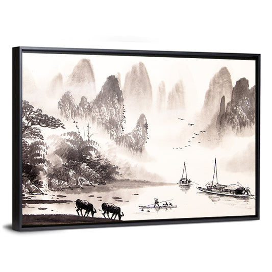 Misty Mountain Ink Wash Landscape Wall Art