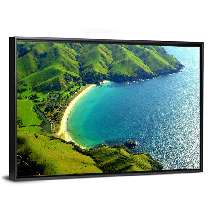 Taupo Bay Aerial View Wall Art as a framed canvas