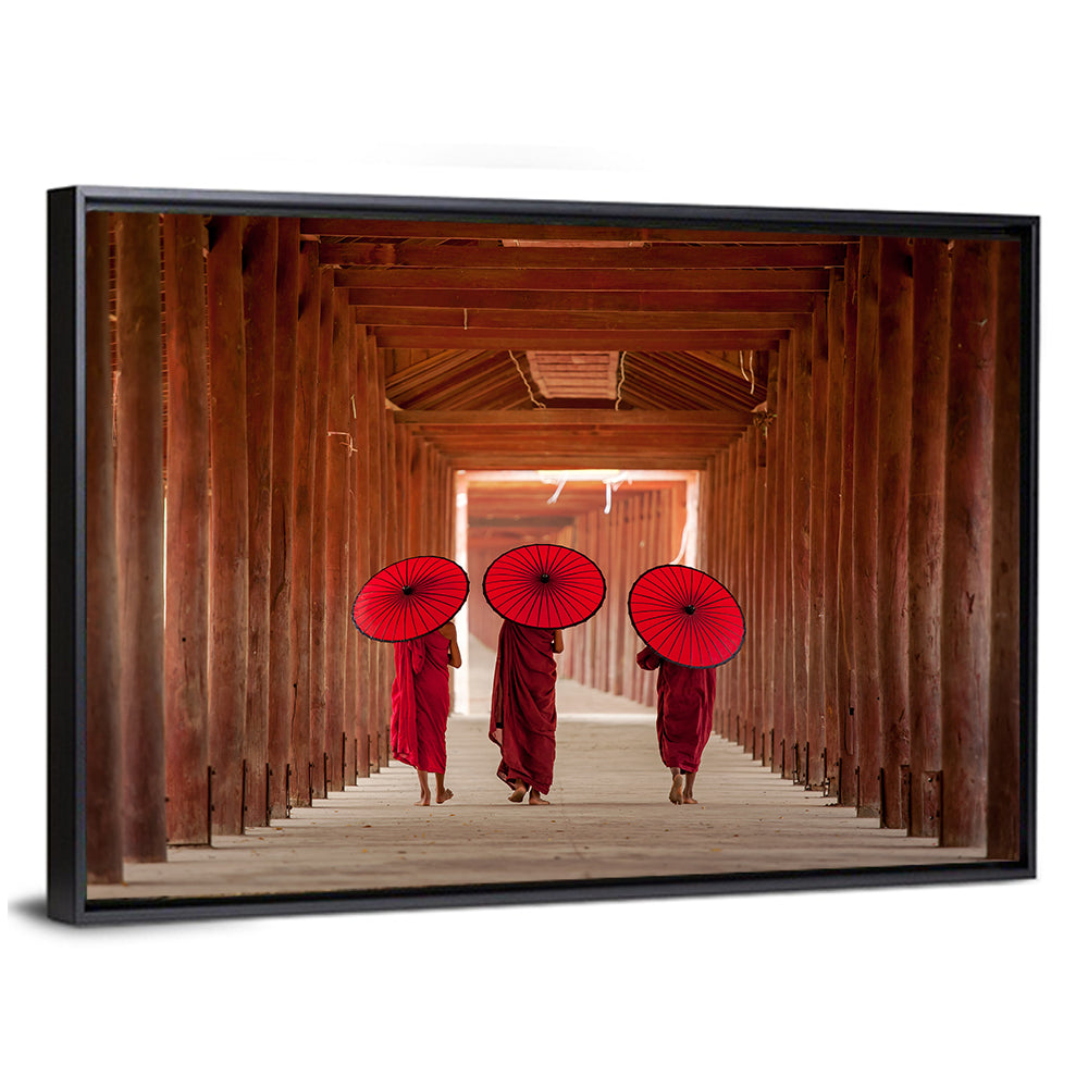 Novice Monks with Red Umbrellas Wall Art