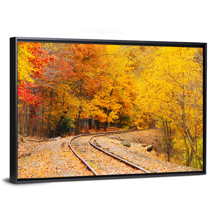 Curving Railroad Through Autumn Forest Wall Art as a framed canvas