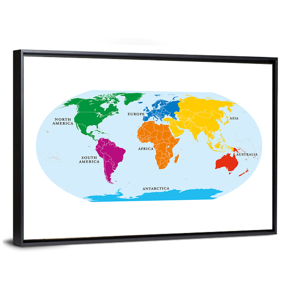 Color-coded Seven Continents Map Wall Art