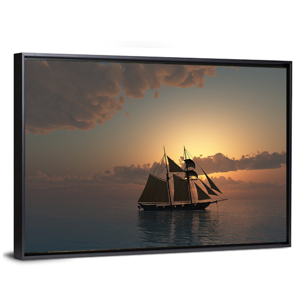 Schooner Silhouette at Sunset Wall Art