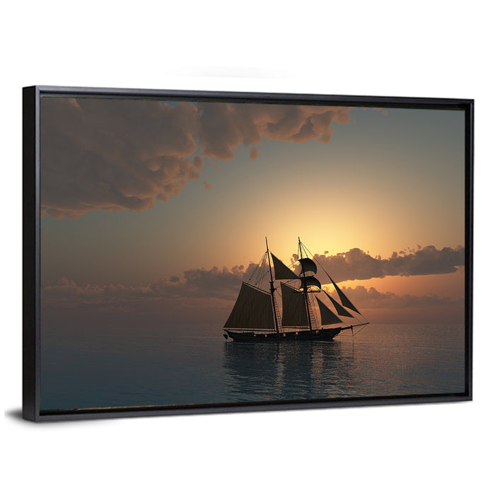 Schooner Silhouette at Sunset Wall Art as a framed canvas