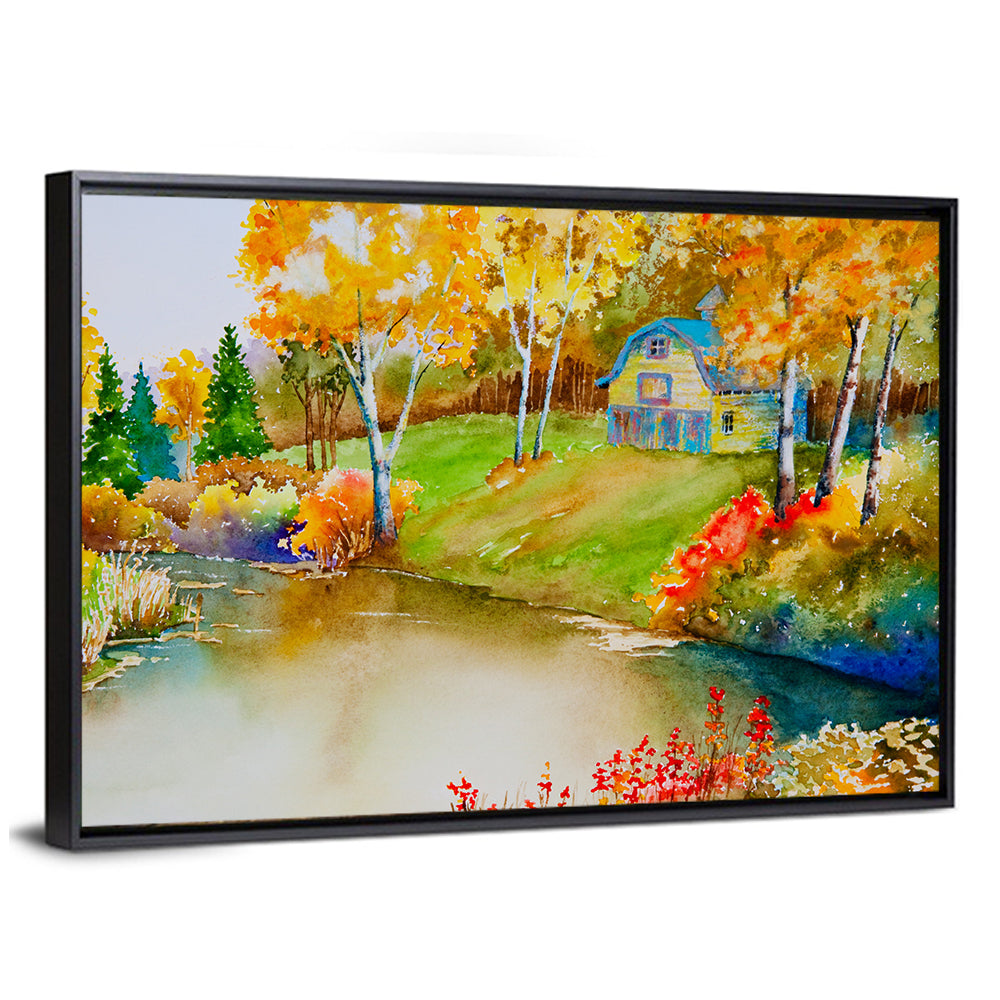 Golden Autumn Pond Landscape Wall Art