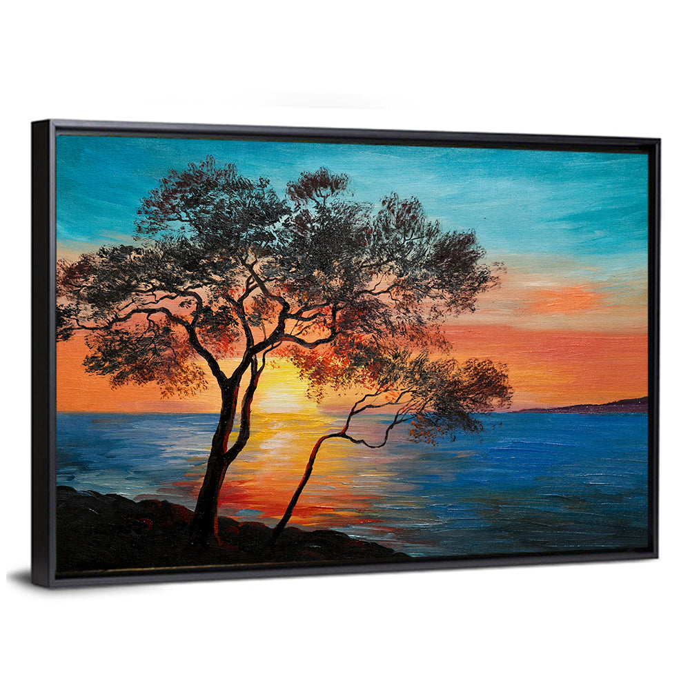 Lake Sunset with Twin Tree Silhouettes Wall Art
