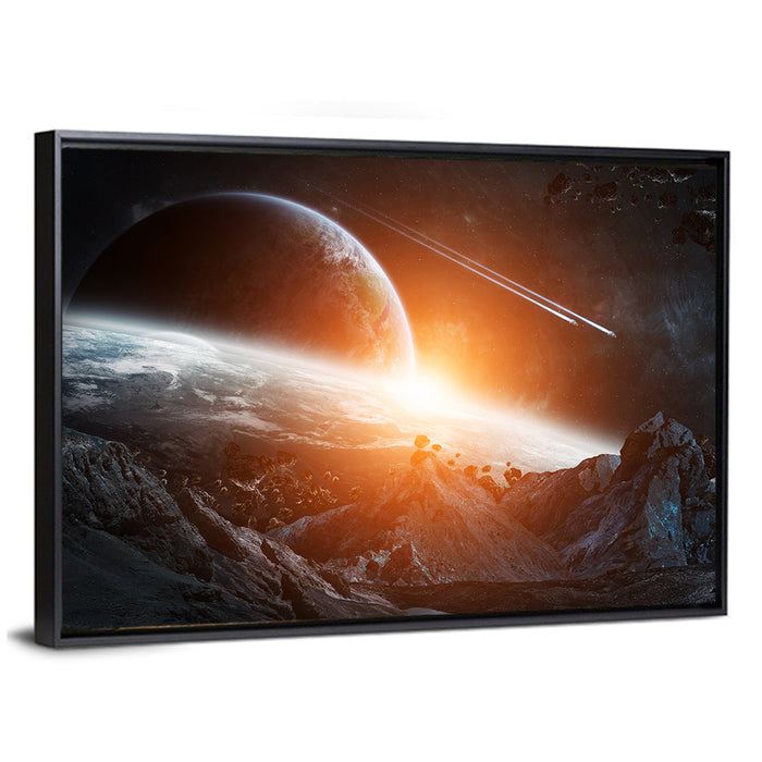 Gigantic Asteroids Over Ringed Planet Wall Art as a framed canvas